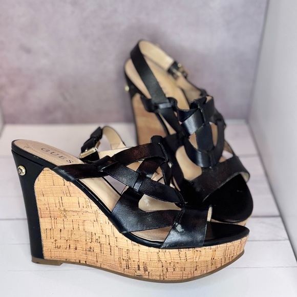 Guess Black and Tan Wedge Sandals - Picture 1 of 4